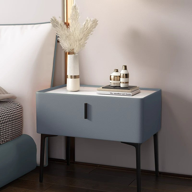 Contemporary Scandinavian Cream Rectangular Wood Rock Slab Microfiber Leather Nightstand 1-Drawer For Bedroom