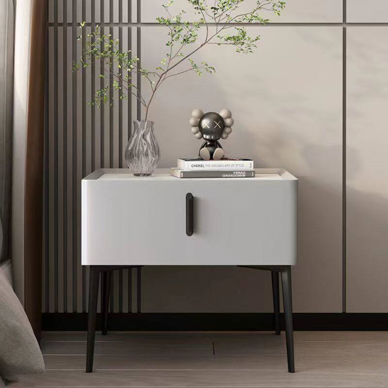 Contemporary Scandinavian Cream Rectangular Wood Rock Slab Microfiber Leather Nightstand 1-Drawer For Bedroom