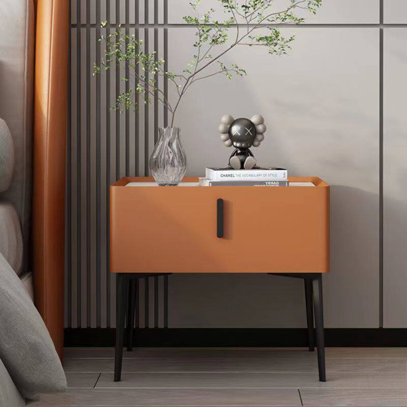 Contemporary Scandinavian Cream Rectangular Wood Rock Slab Microfiber Leather Nightstand 1-Drawer For Bedroom