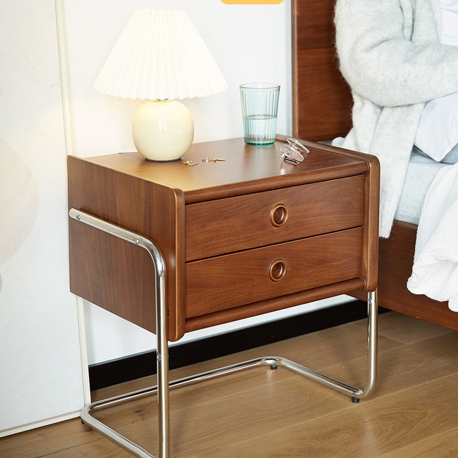 Traditional Vintage Square Wood Stainless Steel Nightstand 2-Drawer For Bedroom