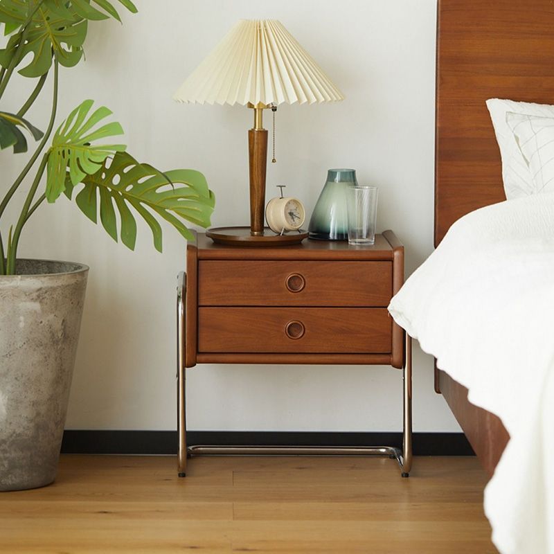Traditional Vintage Square Wood Stainless Steel Nightstand 2-Drawer For Bedroom