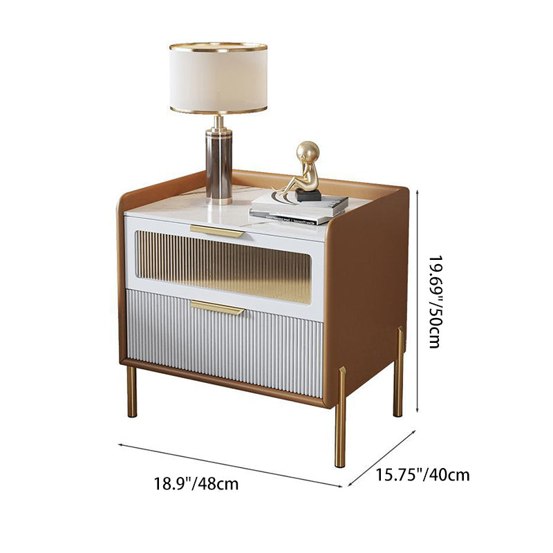Contemporary Nordic Square Wood Rock Slab Veneer Glass Hardware Stainless Steel Nightstand 2-Drawer For Bedroom