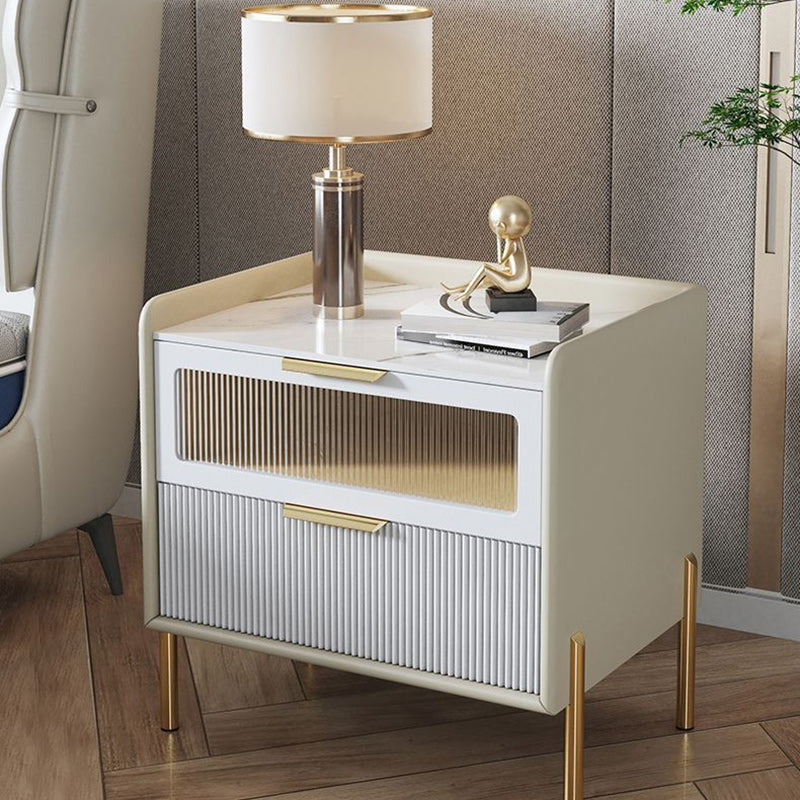 Contemporary Nordic Square Wood Rock Slab Veneer Glass Hardware Stainless Steel Nightstand 2-Drawer For Bedroom