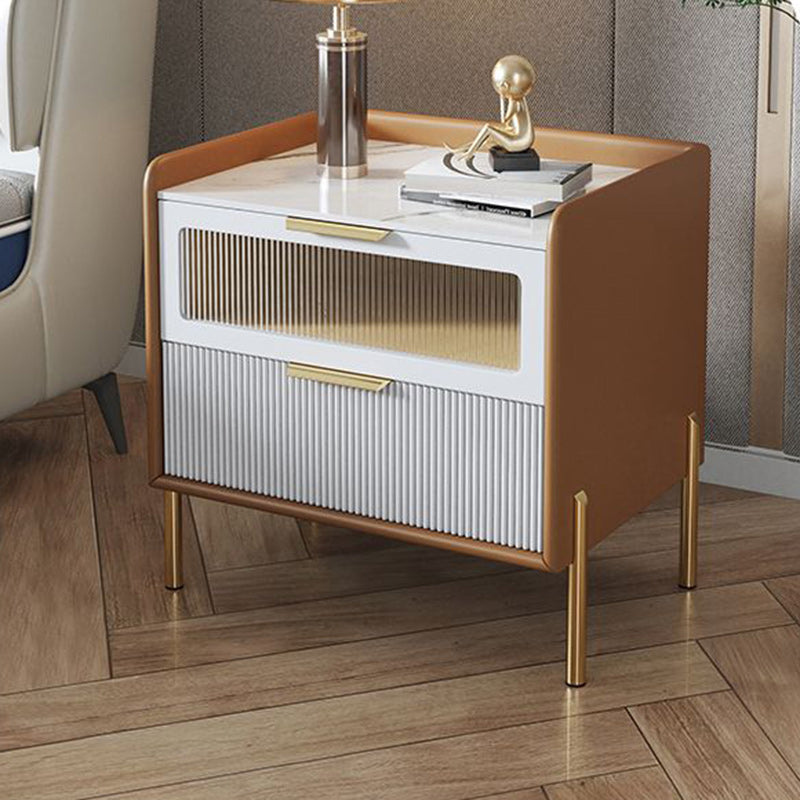 Contemporary Nordic Square Wood Rock Slab Veneer Glass Hardware Stainless Steel Nightstand 2-Drawer For Bedroom