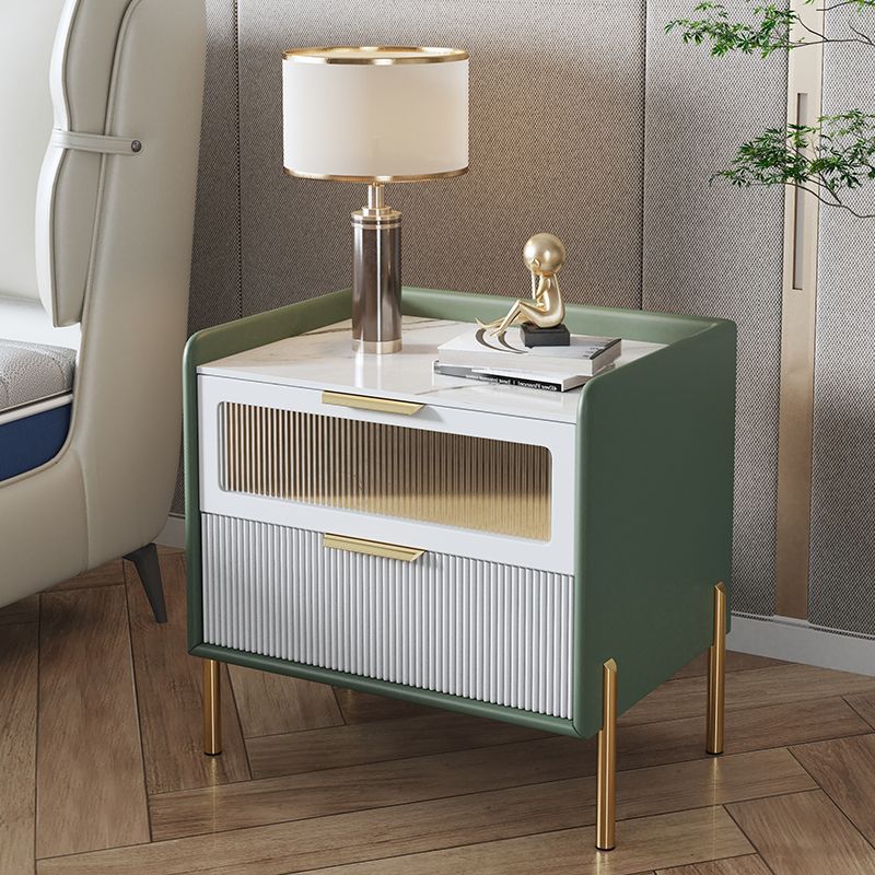 Contemporary Nordic Square Wood Rock Slab Veneer Glass Hardware Stainless Steel Nightstand 2-Drawer For Bedroom
