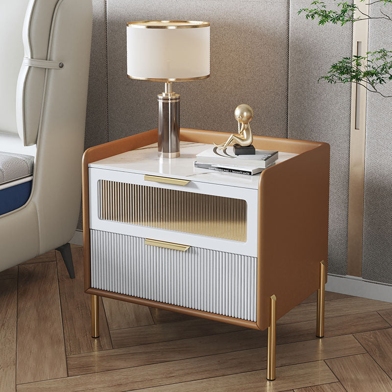 Contemporary Nordic Square Wood Rock Slab Veneer Glass Hardware Stainless Steel Nightstand 2-Drawer For Bedroom