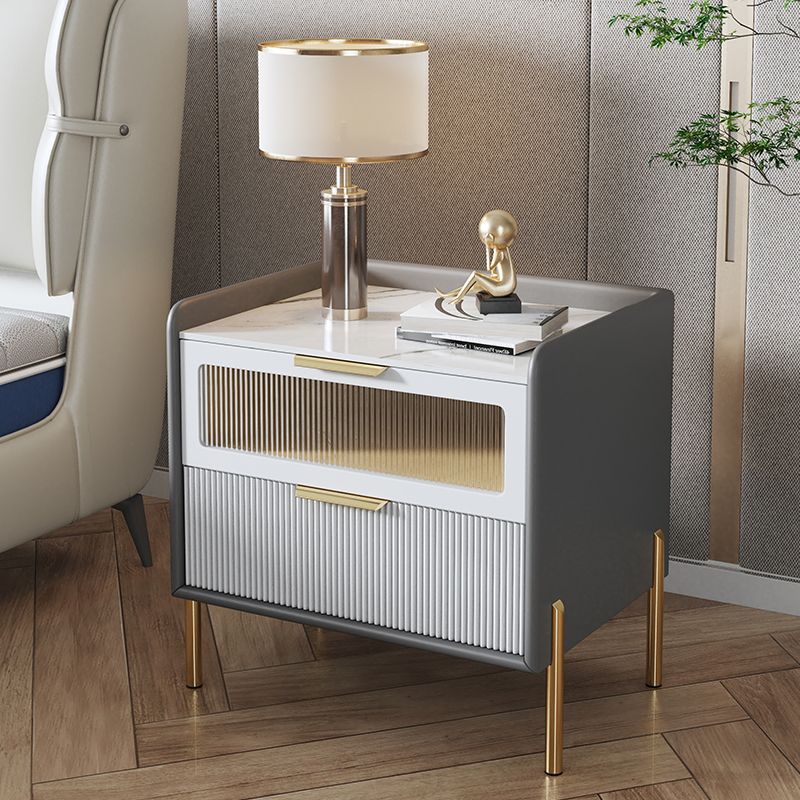 Contemporary Nordic Square Wood Rock Slab Veneer Glass Hardware Stainless Steel Nightstand 2-Drawer For Bedroom