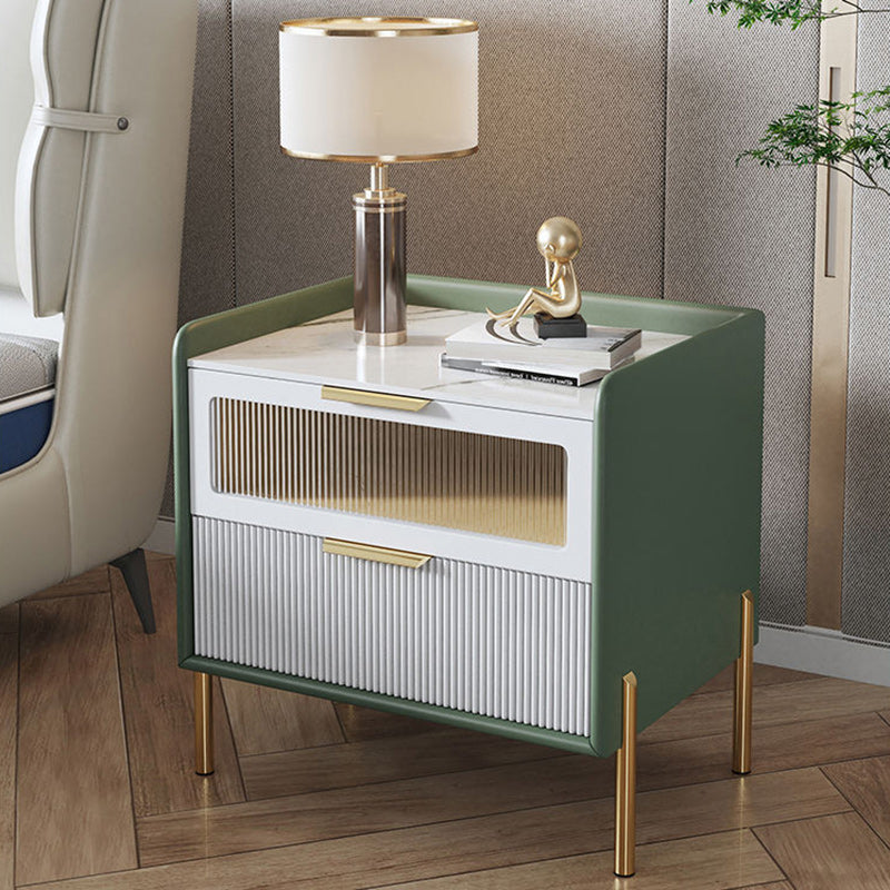 Contemporary Nordic Square Wood Rock Slab Veneer Glass Hardware Stainless Steel Nightstand 2-Drawer For Bedroom