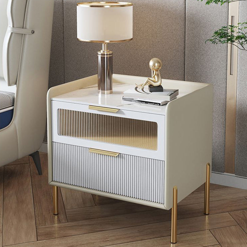 Contemporary Nordic Square Wood Rock Slab Veneer Glass Hardware Stainless Steel Nightstand 2-Drawer For Bedroom