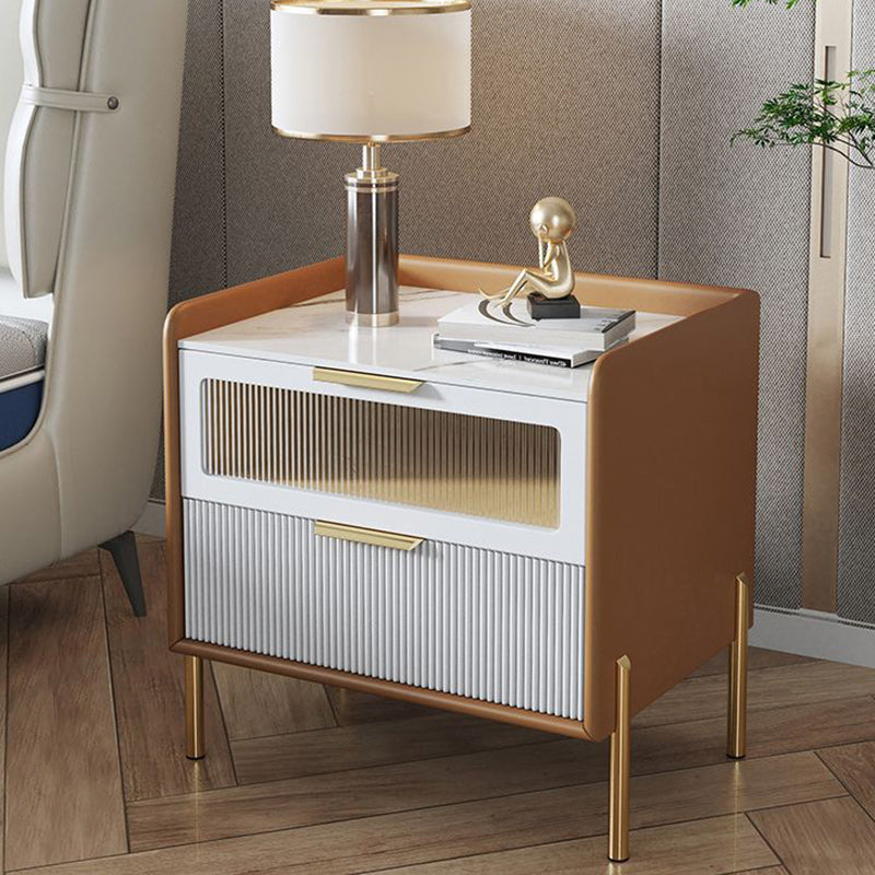 Contemporary Nordic Square Wood Rock Slab Veneer Glass Hardware Stainless Steel Nightstand 2-Drawer For Bedroom