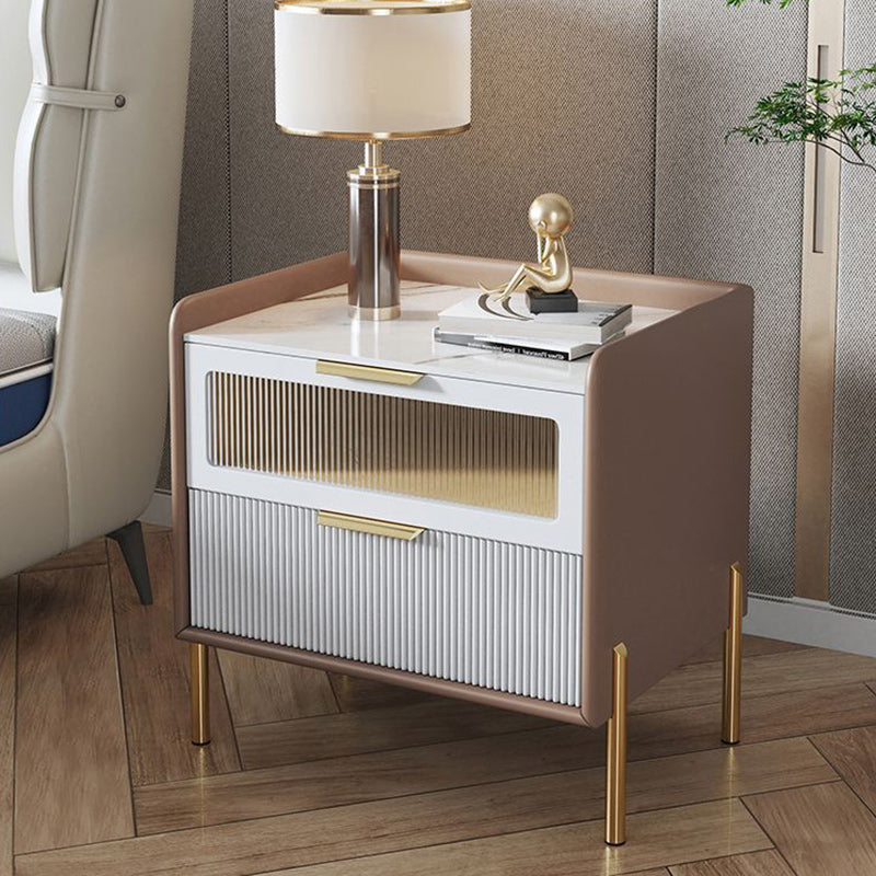 Contemporary Nordic Square Wood Rock Slab Veneer Glass Hardware Stainless Steel Nightstand 2-Drawer For Bedroom