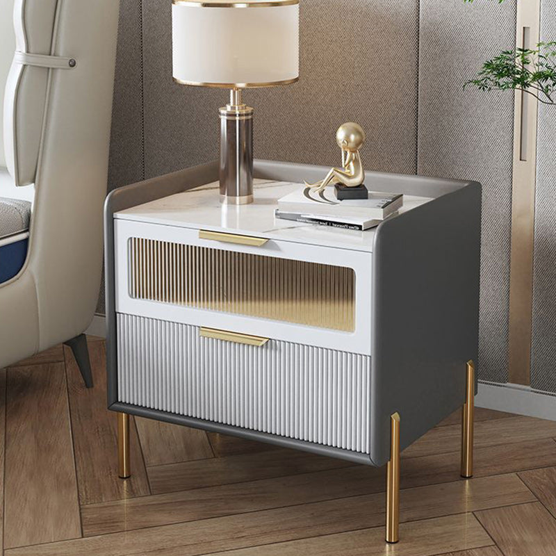 Contemporary Nordic Square Wood Rock Slab Veneer Glass Hardware Stainless Steel Nightstand 2-Drawer For Bedroom