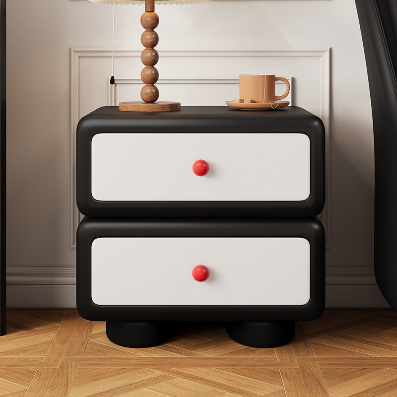 Contemporary Scandinavian Kids Square Rectangle Wood Microfiber Leather Nightstand 2-Drawer For Bedroom