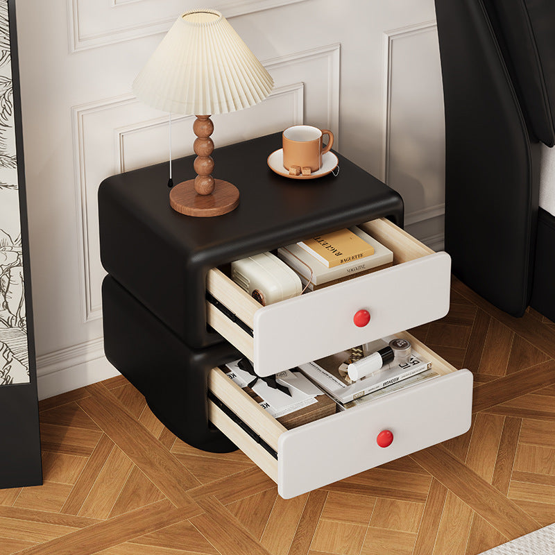 Contemporary Scandinavian Kids Square Rectangle Wood Microfiber Leather Nightstand 2-Drawer For Bedroom