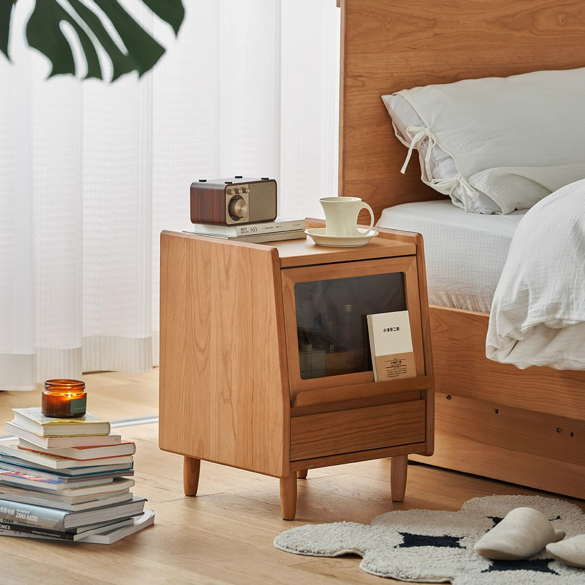 Traditional Vintage Trapezoidal Cherry Wood Nightstand 2-Drawer For Bedroom