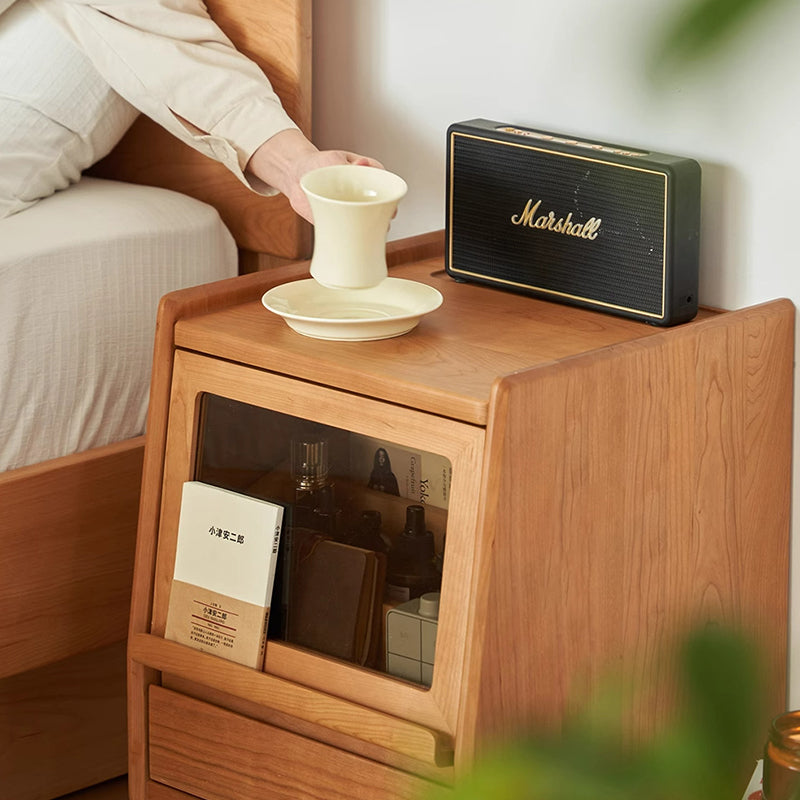 Traditional Vintage Trapezoidal Cherry Wood Nightstand 2-Drawer For Bedroom