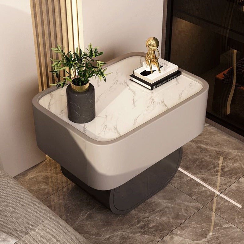 Contemporary Nordic Rectangular Oval Wood Rock Slab Microfiber Leather Nightstand 2-Drawer For Bedroom