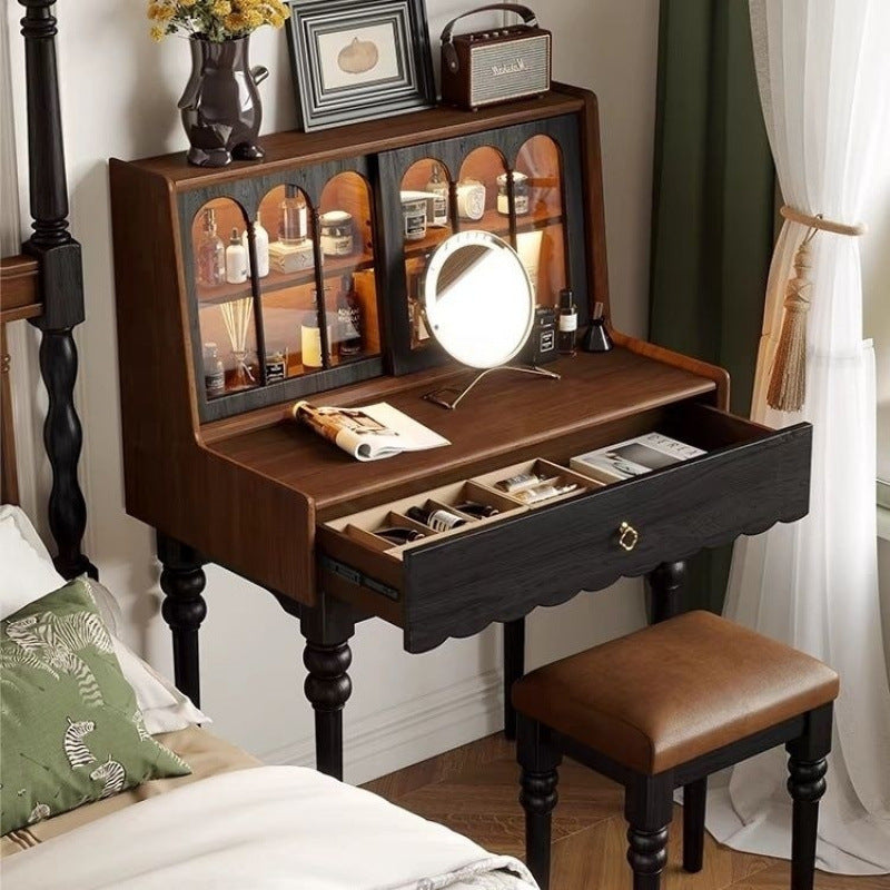 Traditional Vintage Rectangular Wood Glass Makeup Vanity 1-Drawer For Bedroom