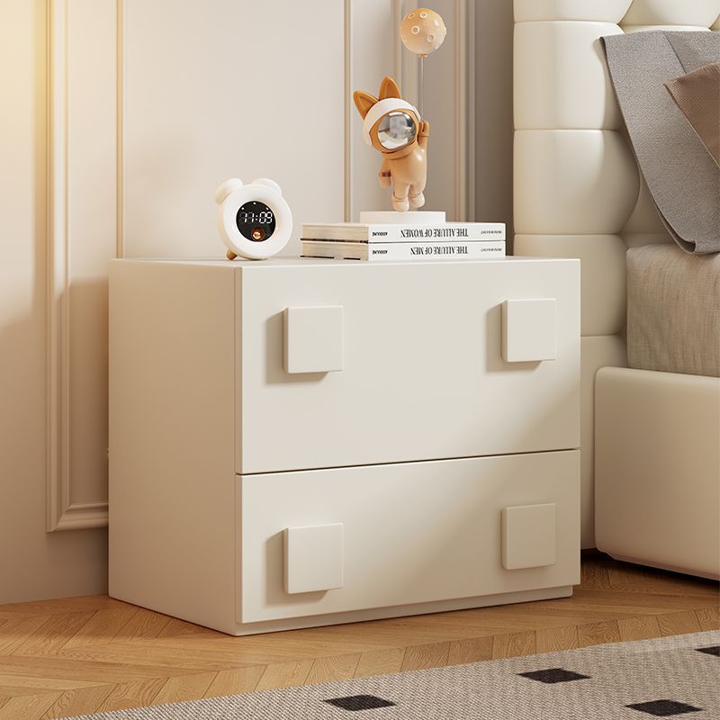 Modern Minimalist Cream Square Wood Nightstand 2-Drawer For Bedroom