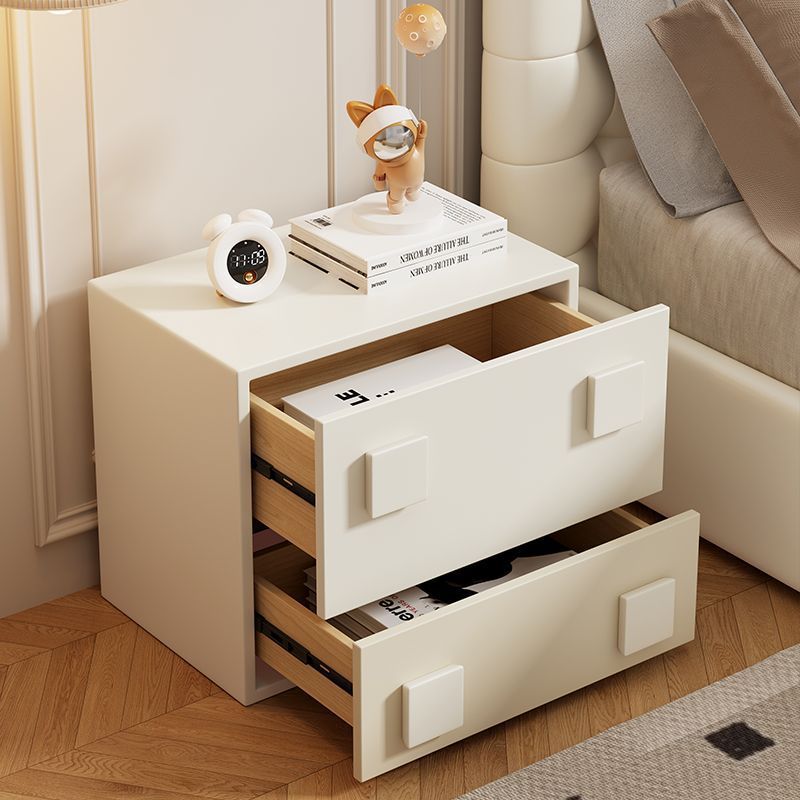 Modern Minimalist Cream Square Wood Nightstand 2-Drawer For Bedroom