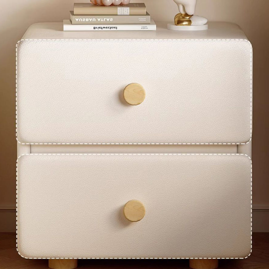 Modern Minimalist Cream Rectangle Square Organic Leather Wood Nightstand 2-Drawer For Bedroom