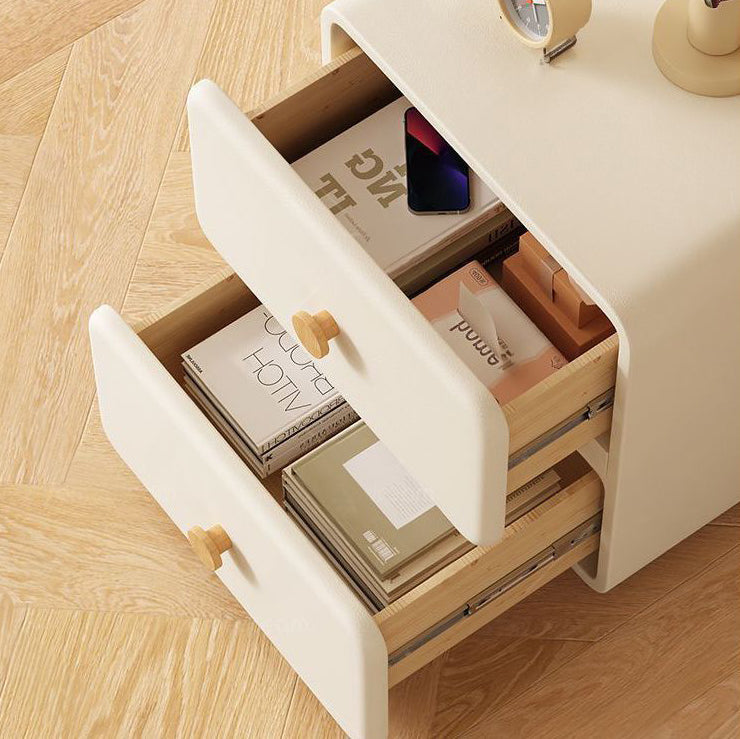 Modern Minimalist Cream Rectangle Square Organic Leather Wood Nightstand 2-Drawer For Bedroom