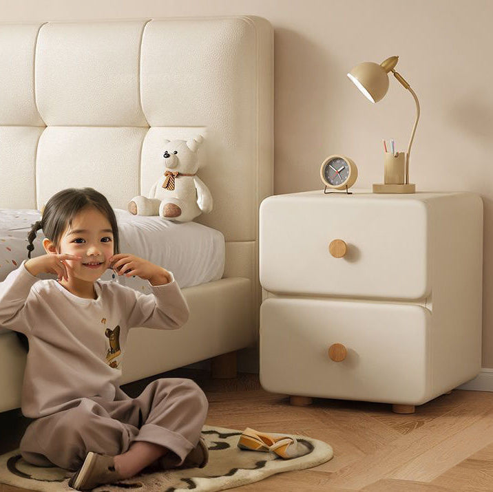 Modern Minimalist Cream Rectangle Square Organic Leather Wood Nightstand 2-Drawer For Bedroom