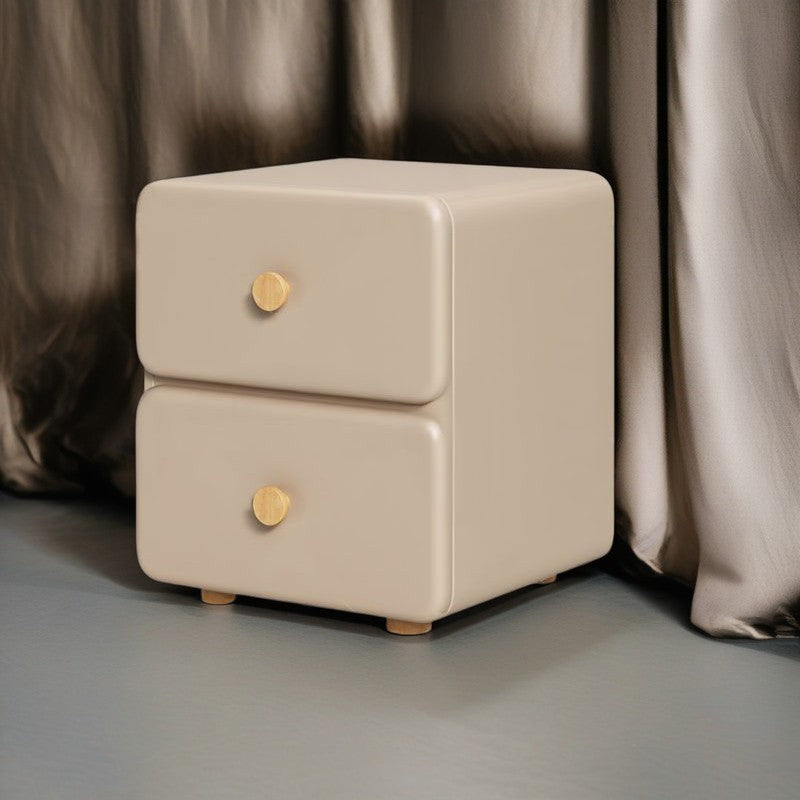 Modern Minimalist Cream Rectangle Square Organic Leather Wood Nightstand 2-Drawer For Bedroom