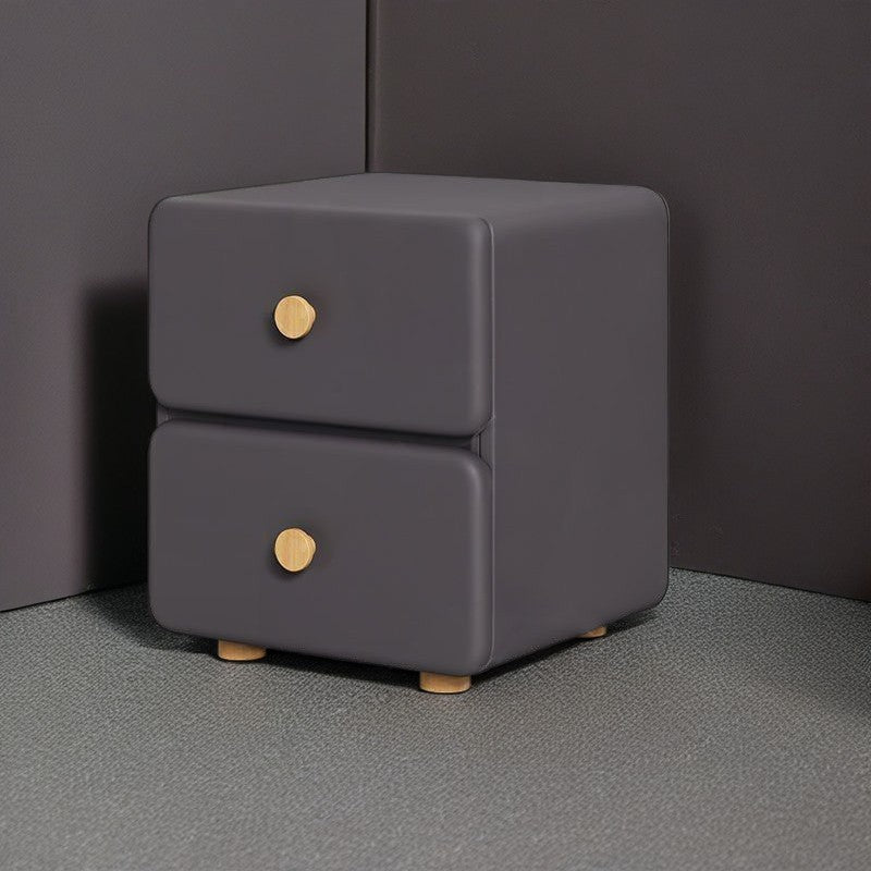 Modern Minimalist Cream Rectangle Square Organic Leather Wood Nightstand 2-Drawer For Bedroom
