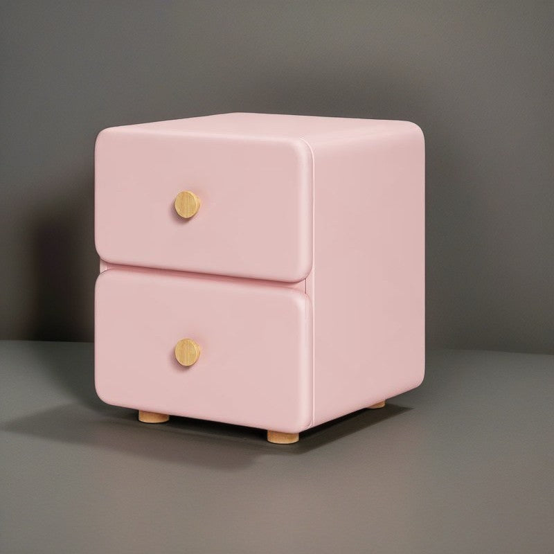 Modern Minimalist Cream Rectangle Square Organic Leather Wood Nightstand 2-Drawer For Bedroom