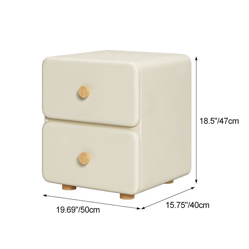 Modern Minimalist Cream Rectangle Square Organic Leather Wood Nightstand 2-Drawer For Bedroom