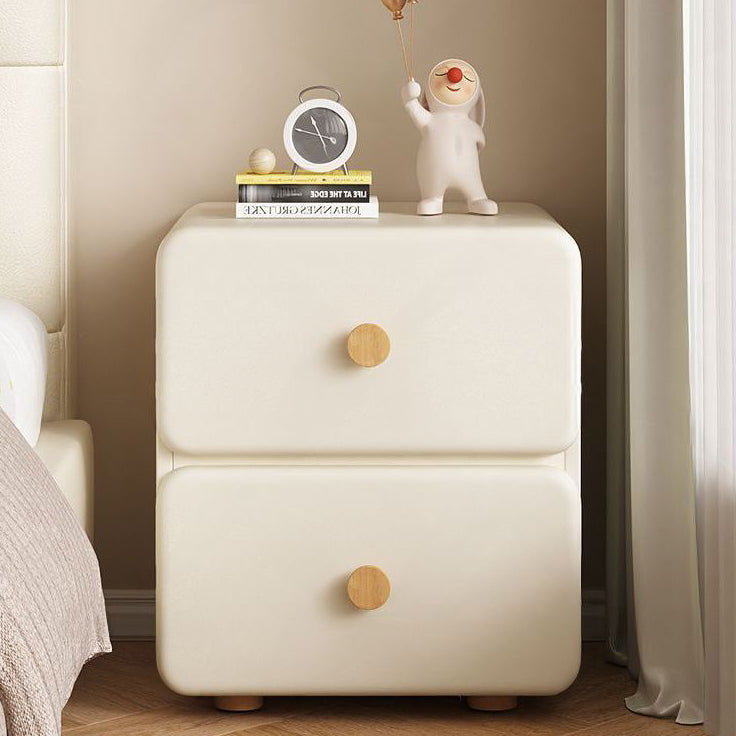 Modern Minimalist Cream Rectangle Square Organic Leather Wood Nightstand 2-Drawer For Bedroom