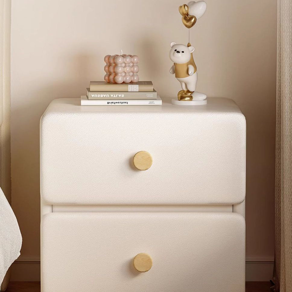 Modern Minimalist Cream Rectangle Square Organic Leather Wood Nightstand 2-Drawer For Bedroom