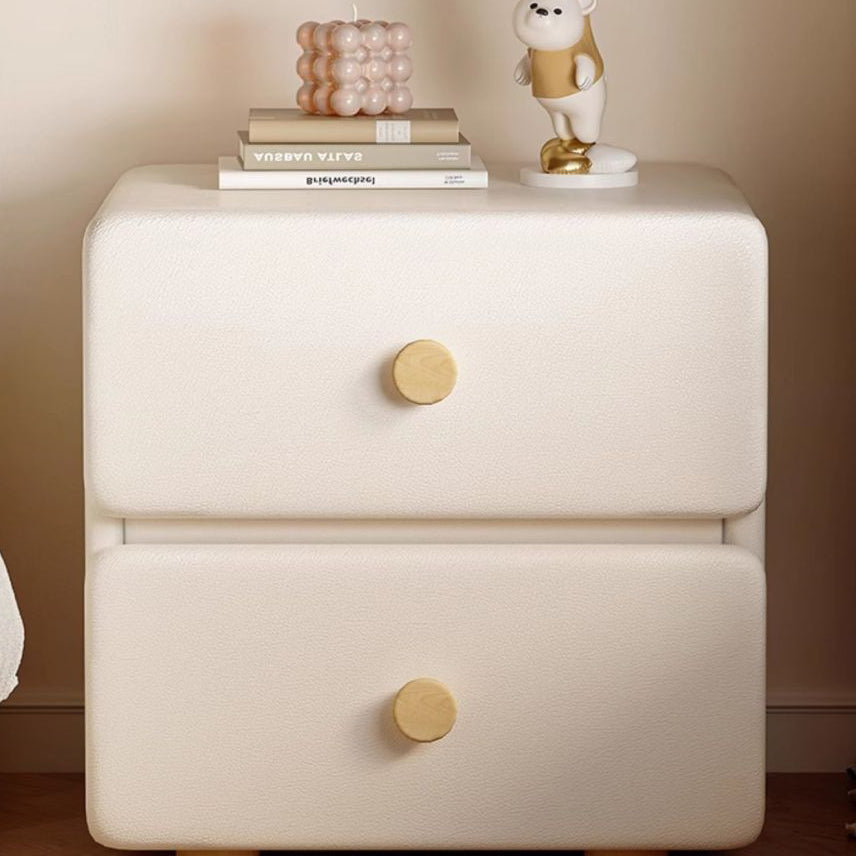 Modern Minimalist Cream Rectangle Square Organic Leather Wood Nightstand 2-Drawer For Bedroom