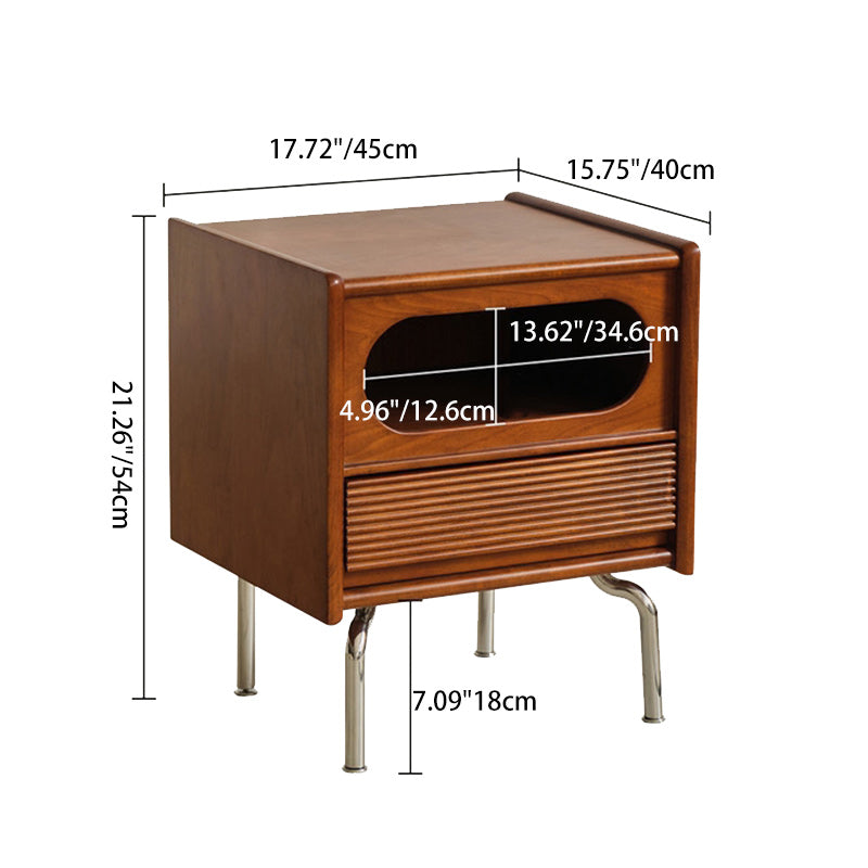 Traditional Vintage Square Pine Stainless Steel Nightstand 1-Drawer For Bedroom