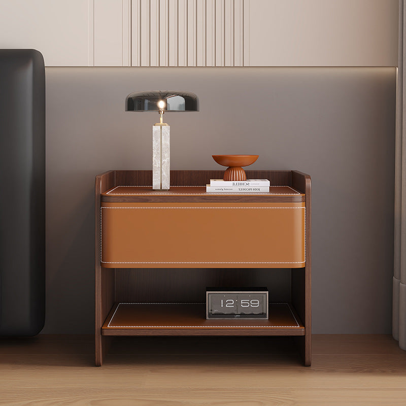 Contemporary Scandinavian Square Wood Artificial Leather Nightstand 1-Drawer For Bedroom