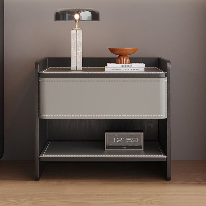 Contemporary Scandinavian Square Wood Artificial Leather Nightstand 1-Drawer For Bedroom