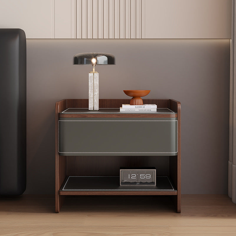 Contemporary Scandinavian Square Wood Artificial Leather Nightstand 1-Drawer For Bedroom