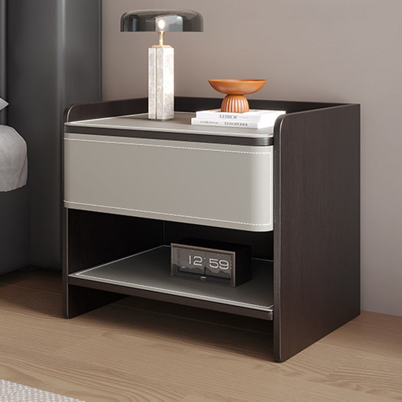 Contemporary Scandinavian Square Wood Artificial Leather Nightstand 1-Drawer For Bedroom