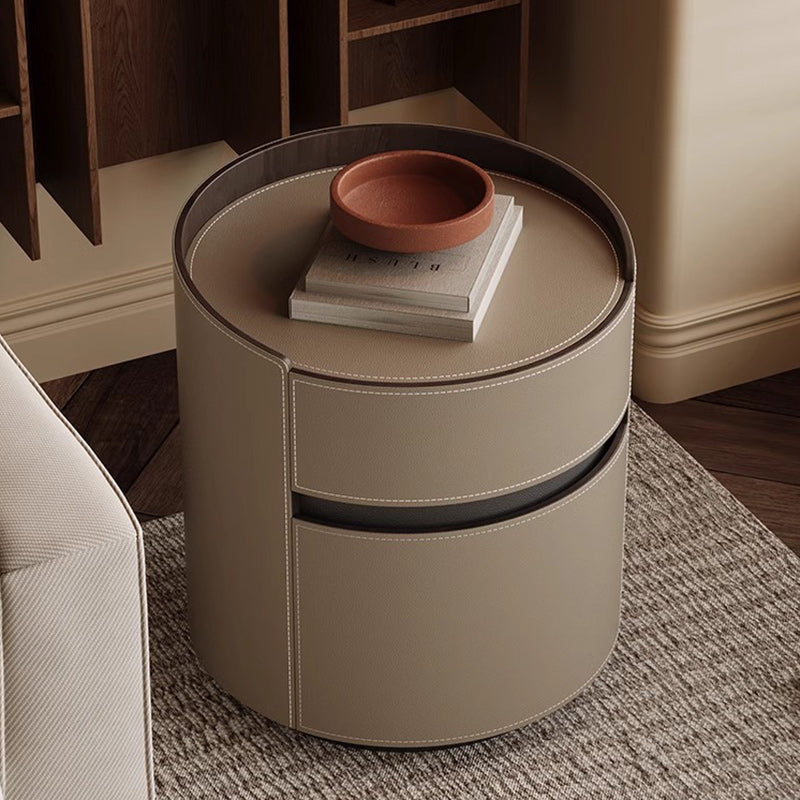 Modern Minimalist Round Cylinder Wood Saddle Leather Nightstand 2-Drawer For Bedroom