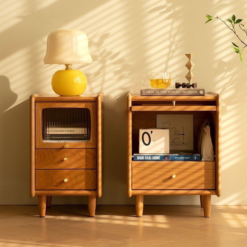 Modern Minimalist Rectangular Solid Wood Glass Nightstand 1-Cabinet For Bedroom