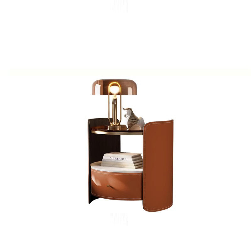 Modern Luxury Round Faux Saddle Leather Glass Solid Wood Nightstand 1-Drawer For Bedroom