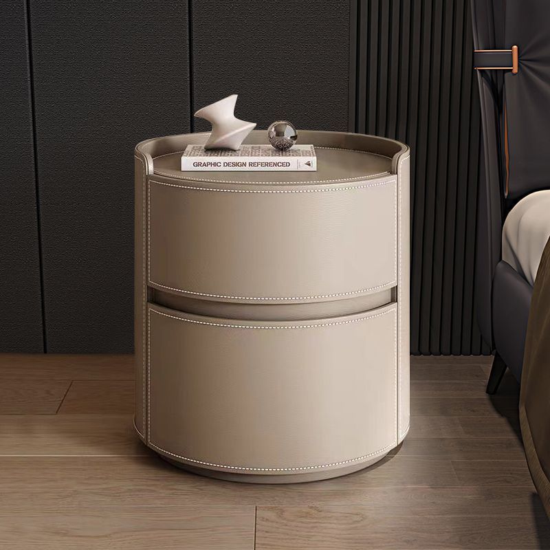Modern Luxury Round Faux Saddle Leather Nightstand 2-Drawer For Bedroom