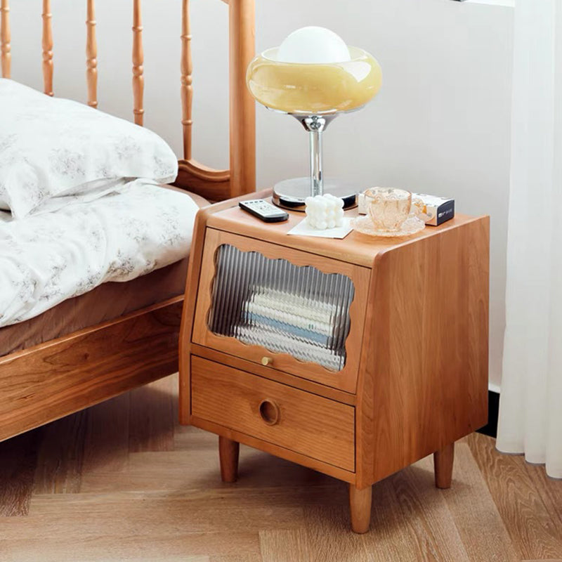 Traditional Japanese Rectangular Solid Wood Glass Nightstand 1-Drawer For Bedroom