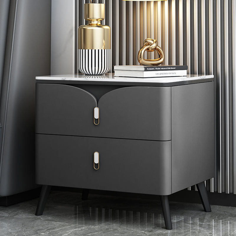 Contemporary Scandinavian Rectangular Slate Solid Wood Carbon Steel Nightstand 2-Drawer For Bedroom