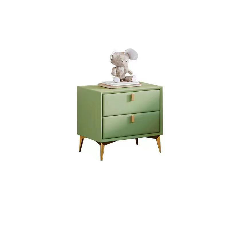 Contemporary Scandinavian Rectangular Solid Wood Microfiber Leather Metal Hardware Nightstand 2-Drawer For Bedroom
