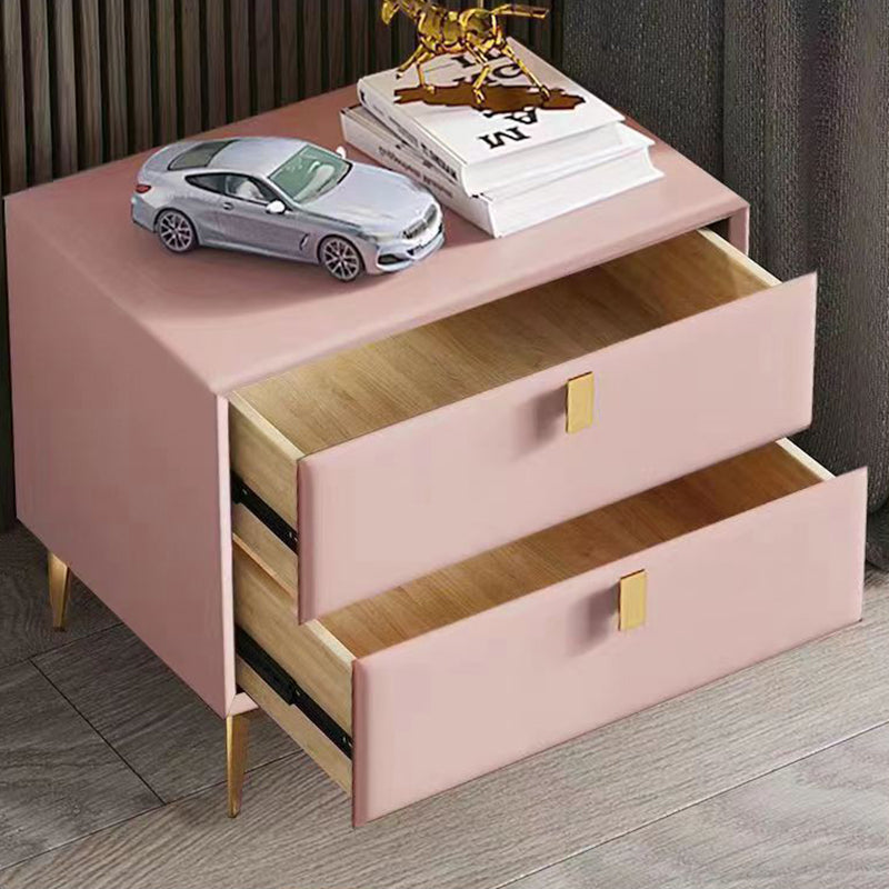 Contemporary Scandinavian Rectangular Solid Wood Microfiber Leather Metal Hardware Nightstand 2-Drawer For Bedroom