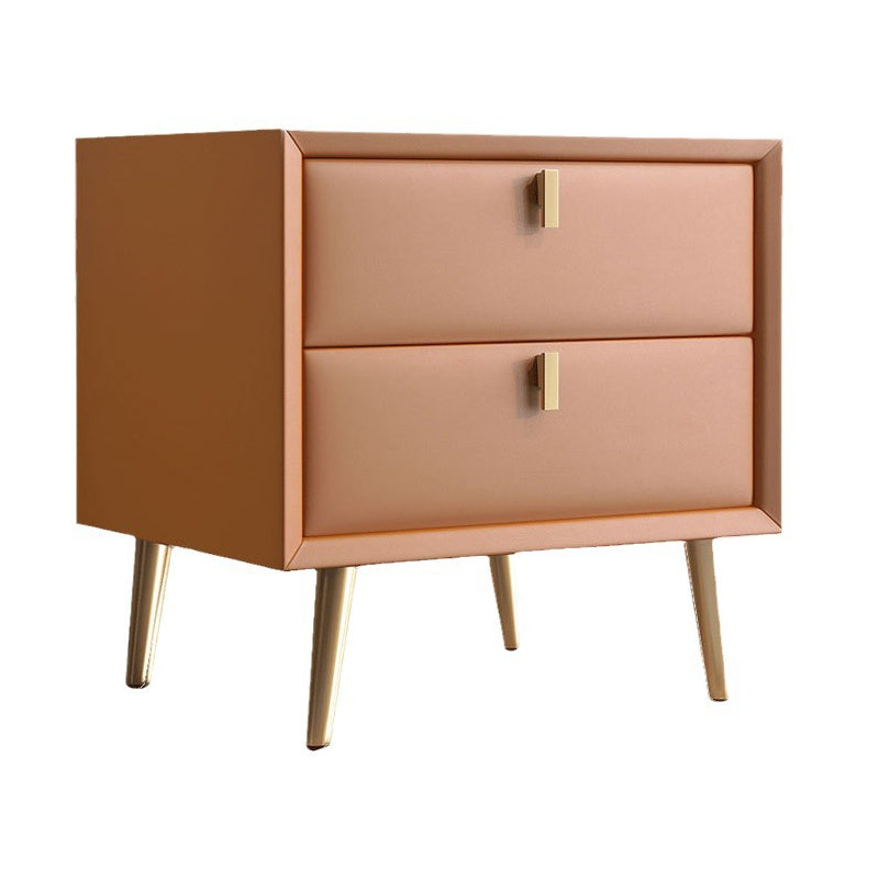 Contemporary Scandinavian Rectangular Solid Wood Microfiber Leather Metal Hardware Nightstand 2-Drawer For Bedroom