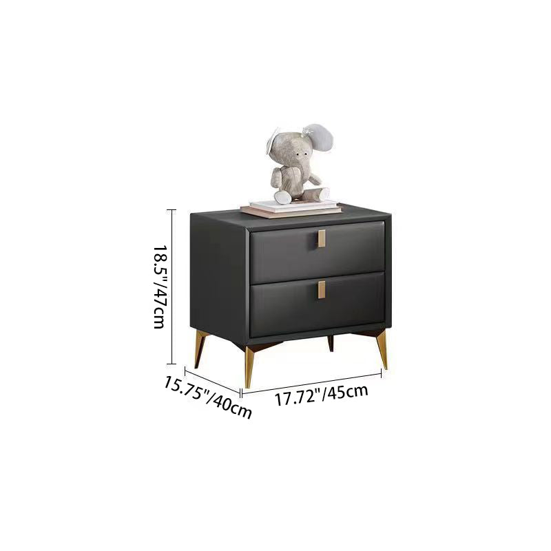 Contemporary Scandinavian Rectangular Solid Wood Microfiber Leather Metal Hardware Nightstand 2-Drawer For Bedroom