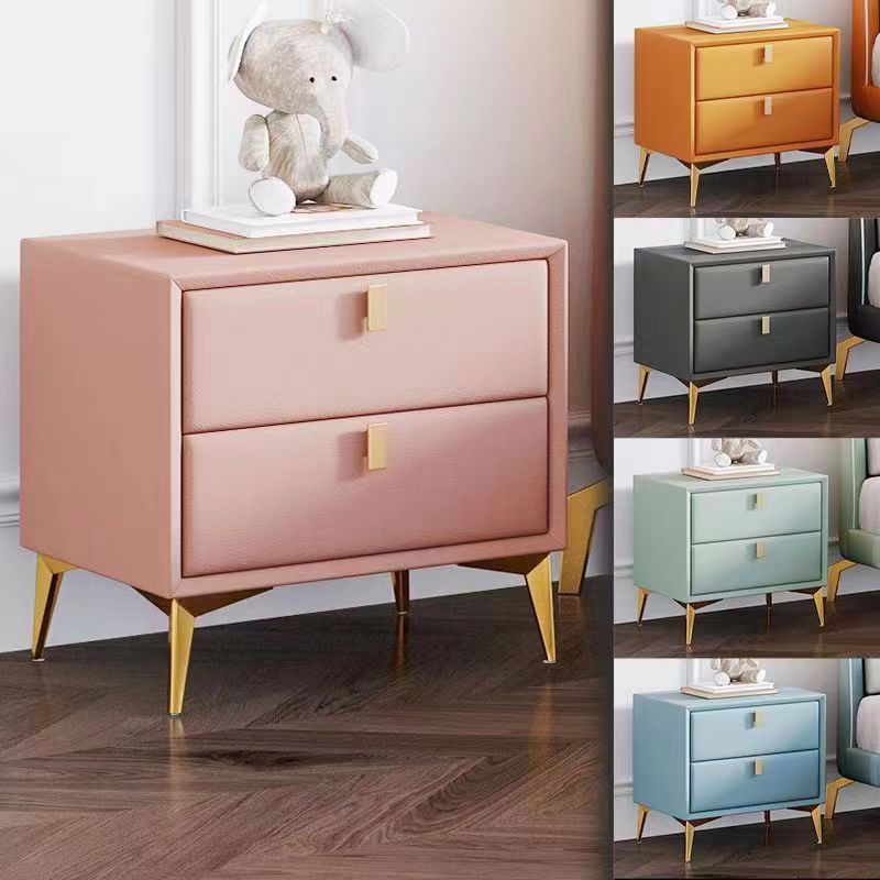 Contemporary Scandinavian Rectangular Solid Wood Microfiber Leather Metal Hardware Nightstand 2-Drawer For Bedroom